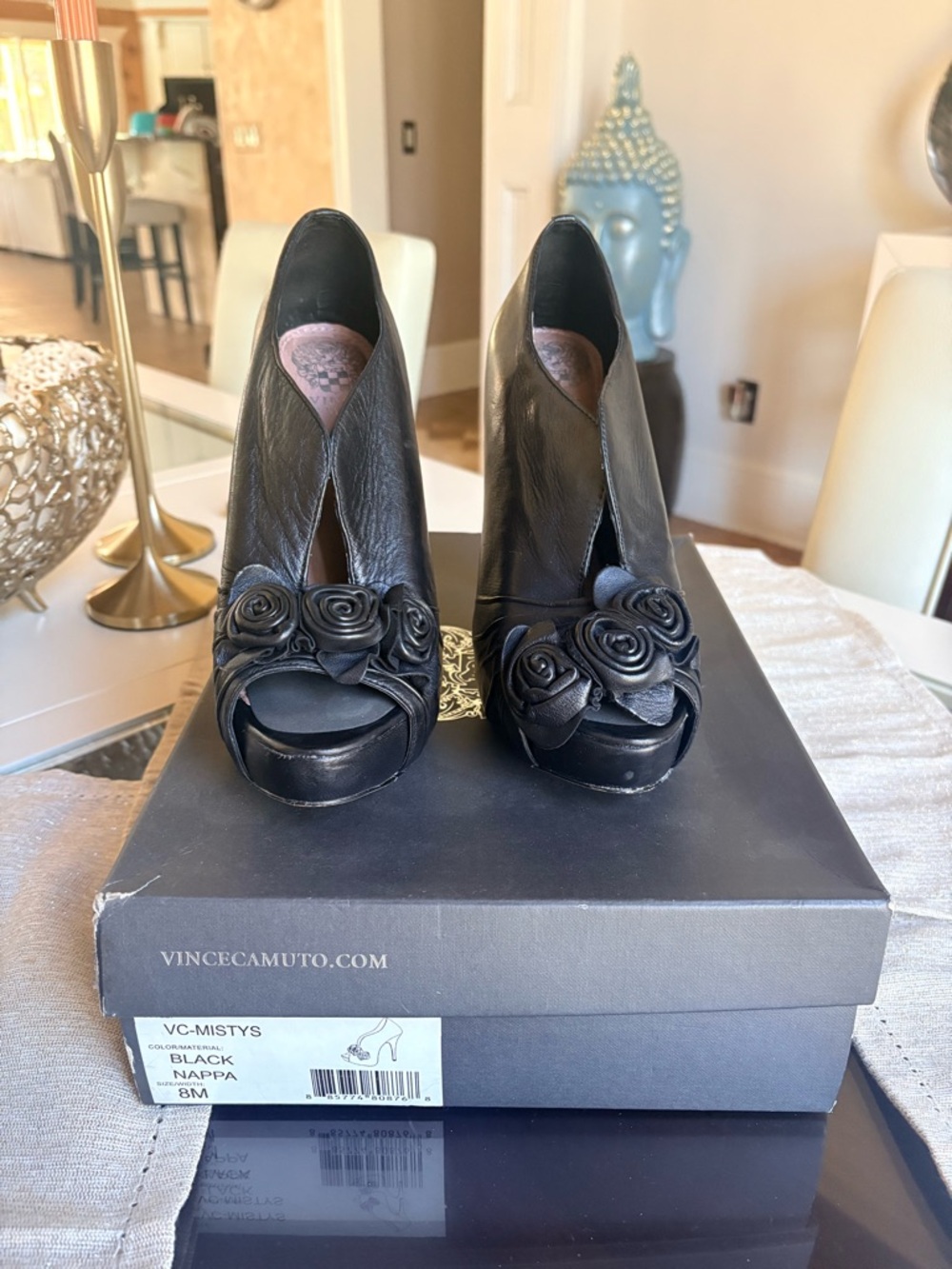 Vince Camuto Black Peep-Toe Nappa Pumps with Rose Appliqué